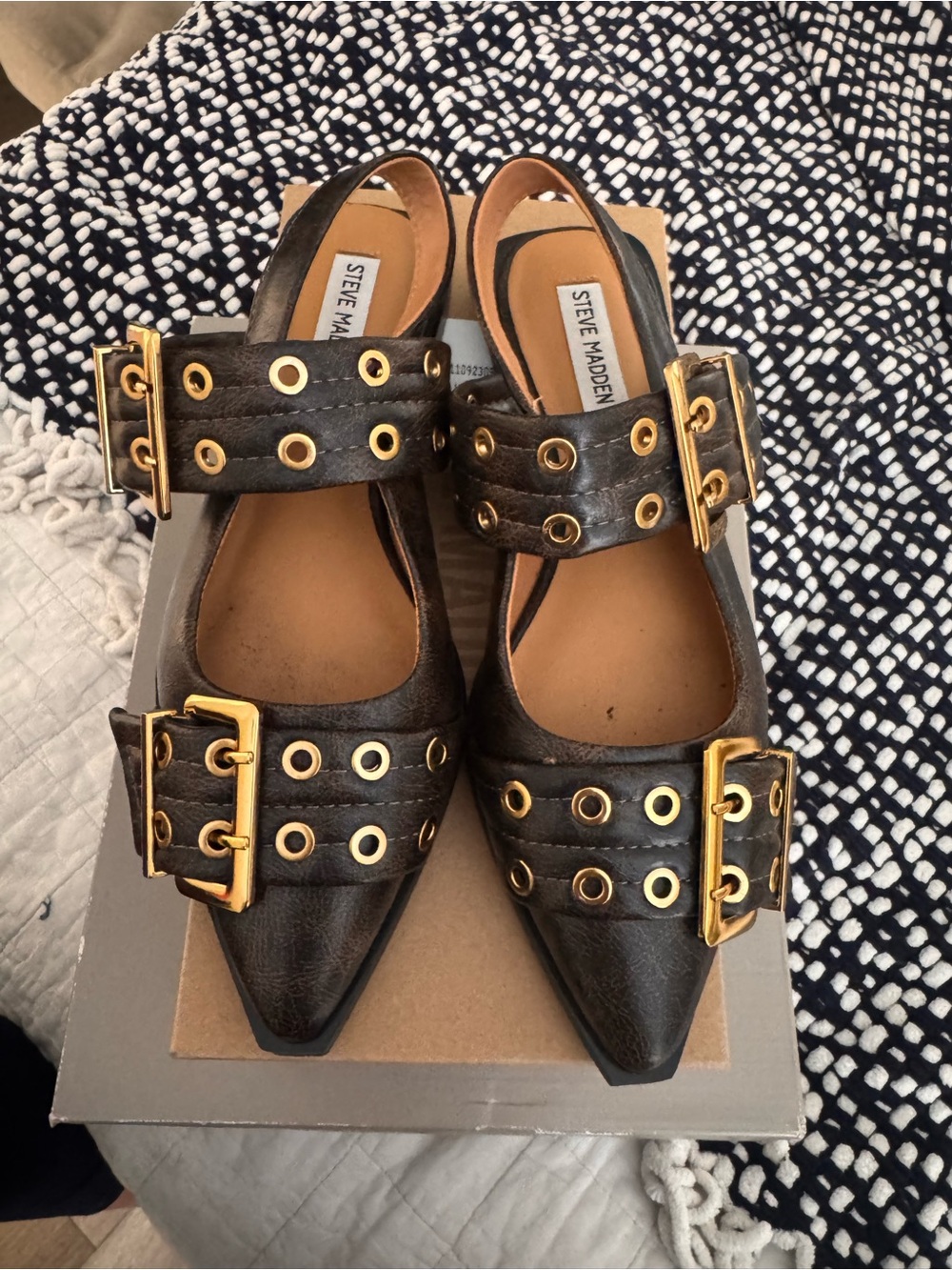 Steve Madden Black Pointed Slingback Flats with Gold Buckles